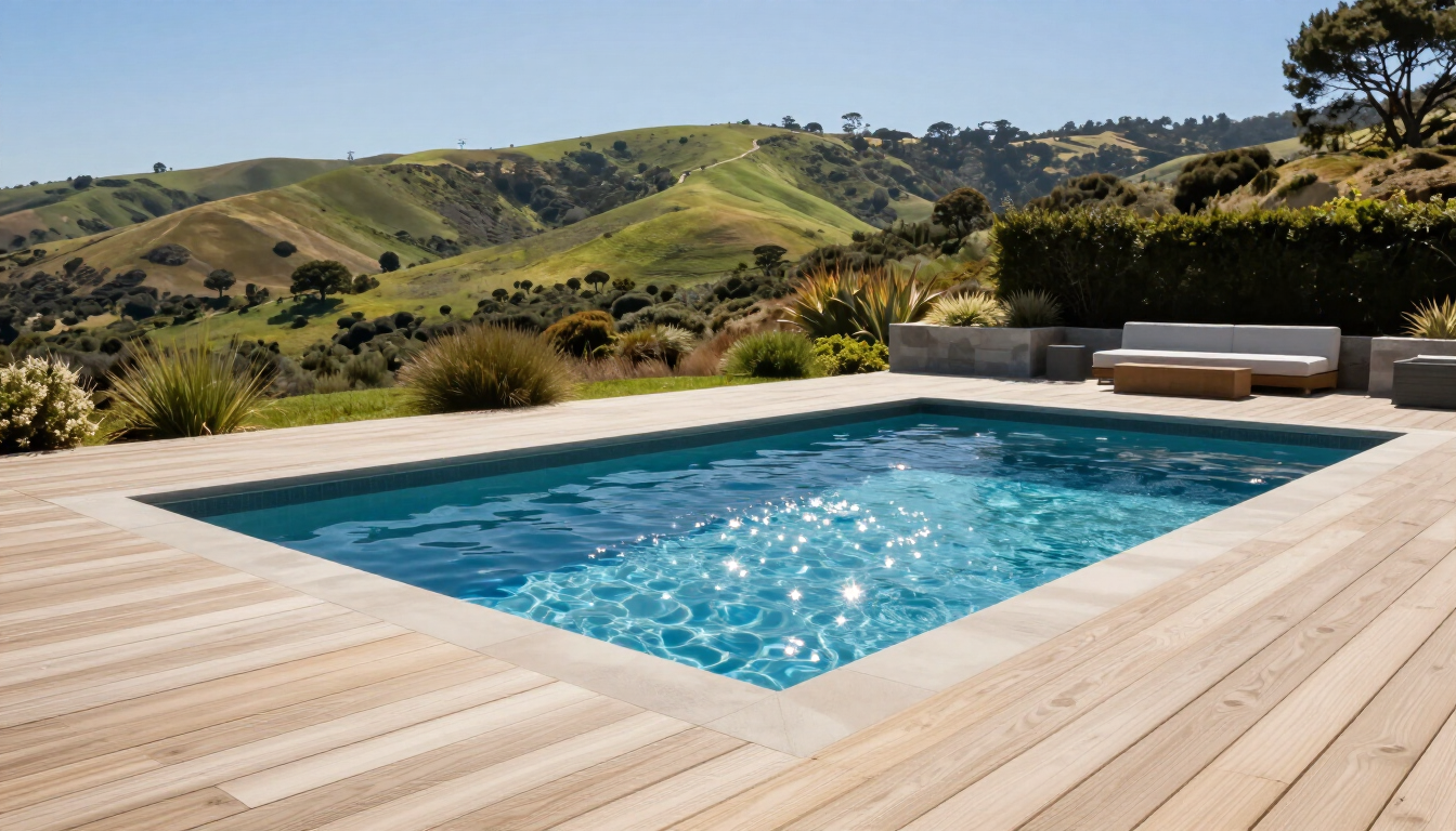Modern backyard pool with a wooden deck overlooking green hills and lounge seating