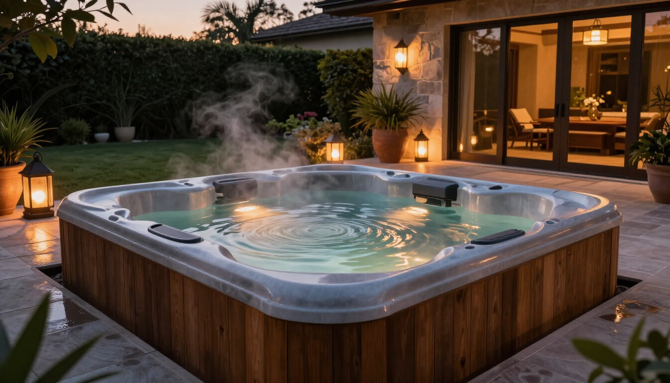 Backyard hot tub at dusk with steaming water beside a modern house