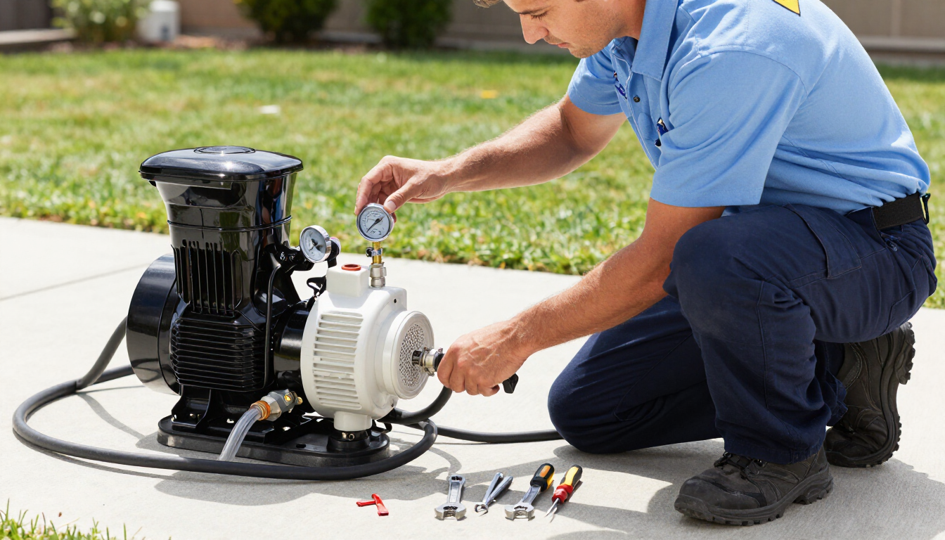 Person kneeling to repair a white air compressor pump on a driveway with tools nearby