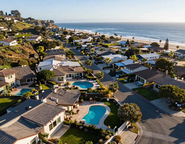 Aerial view of a coastal neighborhood with houses, a pool, and the beach and ocean beyond.