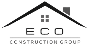 ECO Construction Group logo with a house roof, windows, and gray text on a white background