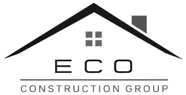 ECO Construction Group logo with a house roof, windows, and gray text on a white background