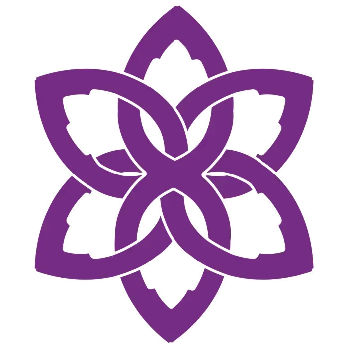 Purple floral knot logo with interwoven petal shapes on a white background