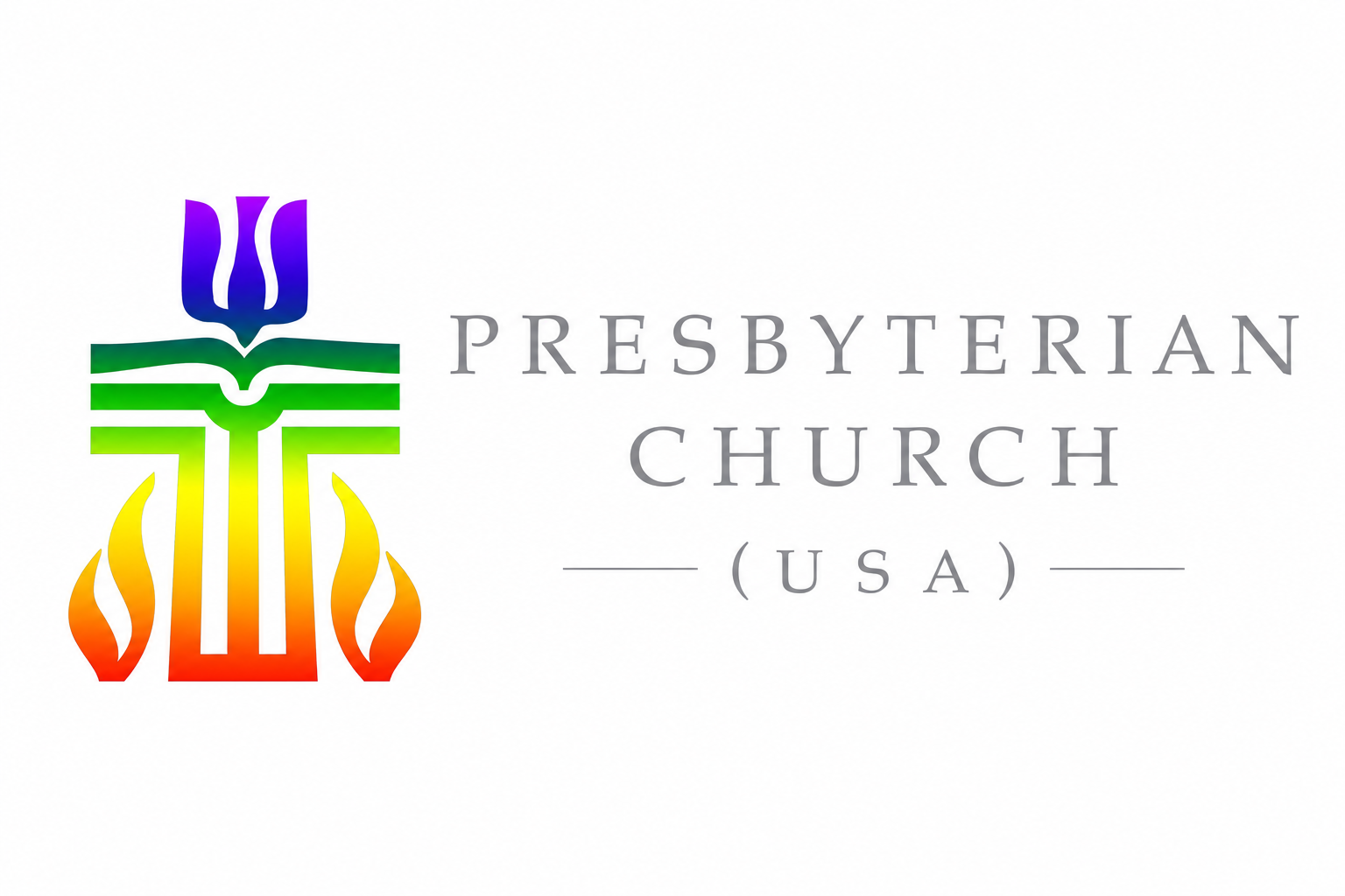 Presbyterian Church (USA) logo with multicolored cross and gray text on a white background