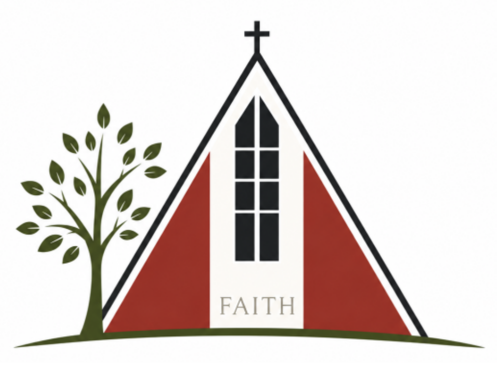 Church logo with red and white chapel, cross, tree, and the word &ldquo;FAITH&rdquo; underneath