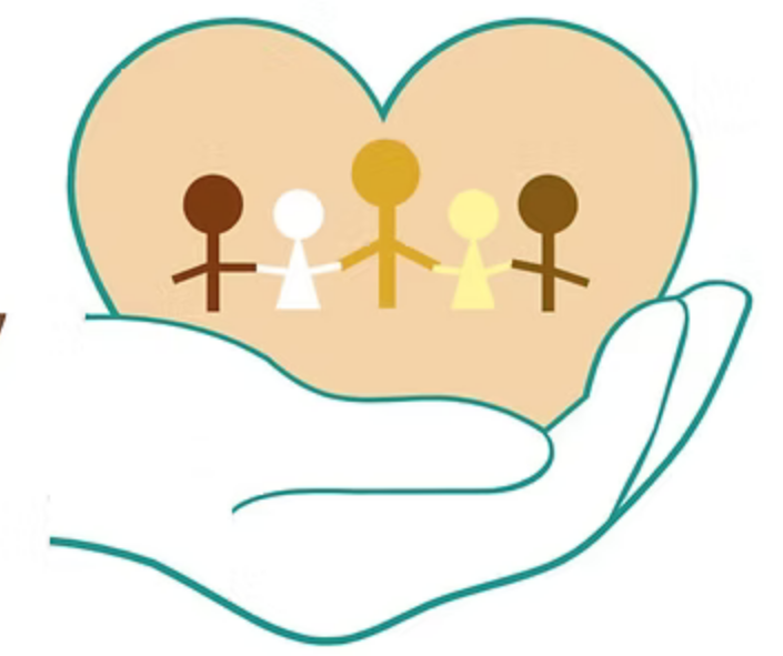 Hands cradle a heart with five stylized people in pastel colors, symbolizing care and community