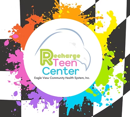 Recharge Teen Center logo with colorful paint splashes on black-and-white background
