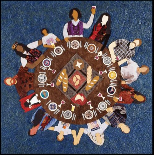 Top-down view of people around a round dinner table with food on a blue background