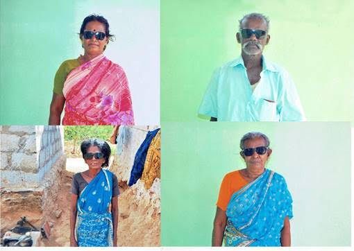 Four portrait photos of people wearing colorful sarees and sunglasses against simple backgrounds.