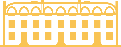 A yellow and white drawing of a building with squares on it.