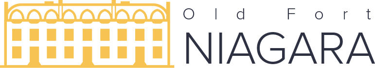 A logo for old fort niagara with a building in the background