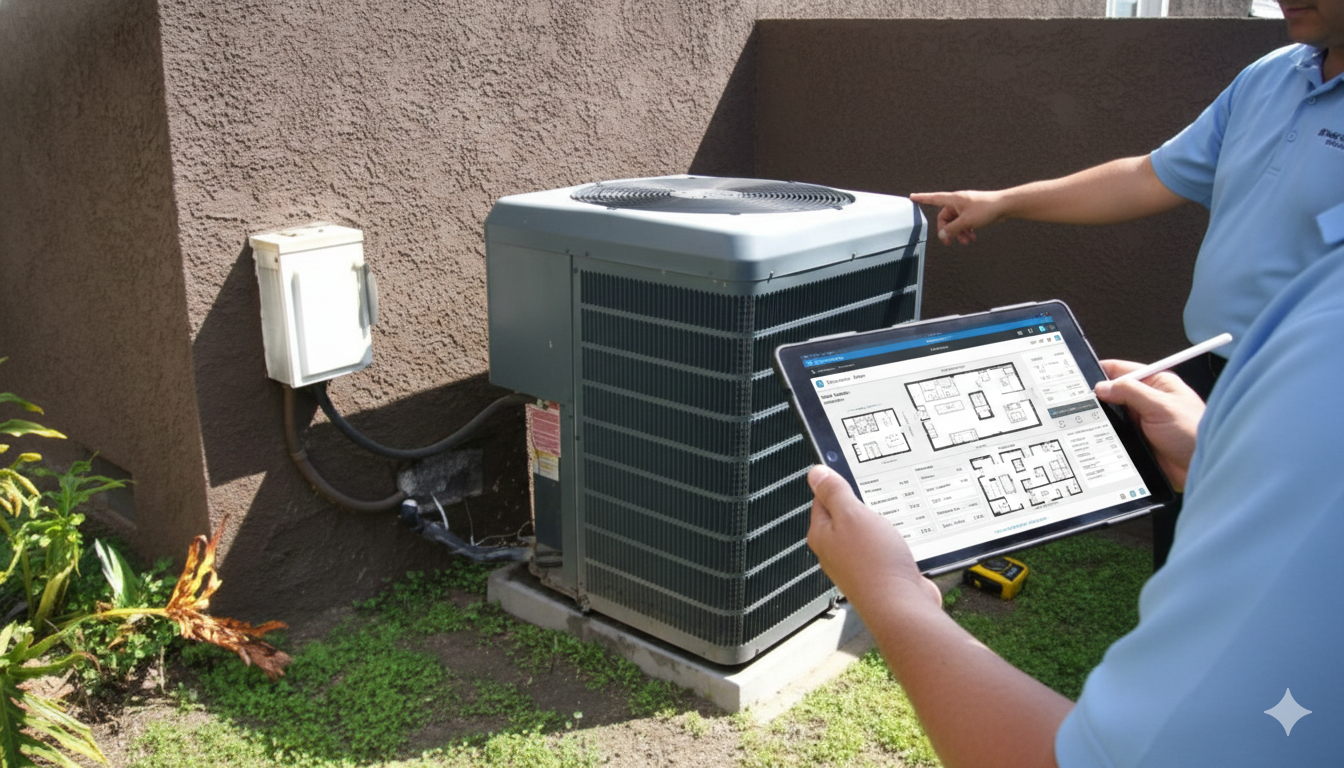 Two HVAC technicians inspect an outdoor air conditioning unit, one pointing, the other holding a tablet with a floor plan.