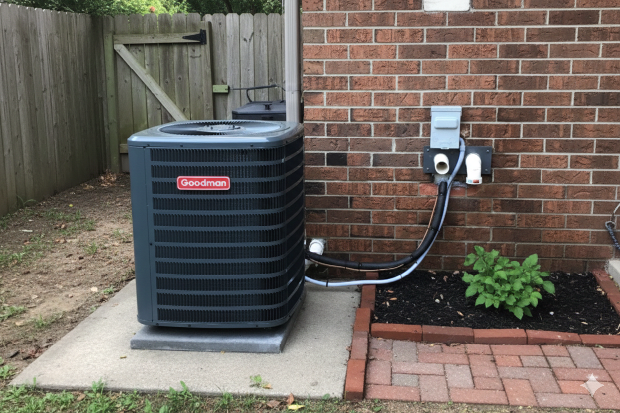 Gray Goodman air conditioning unit next to a brick wall and electrical connections, on a concrete pad.