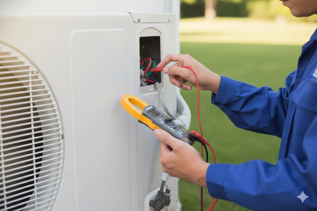 HVAC technician using multimeter on outdoor unit, inspecting electrical components.
