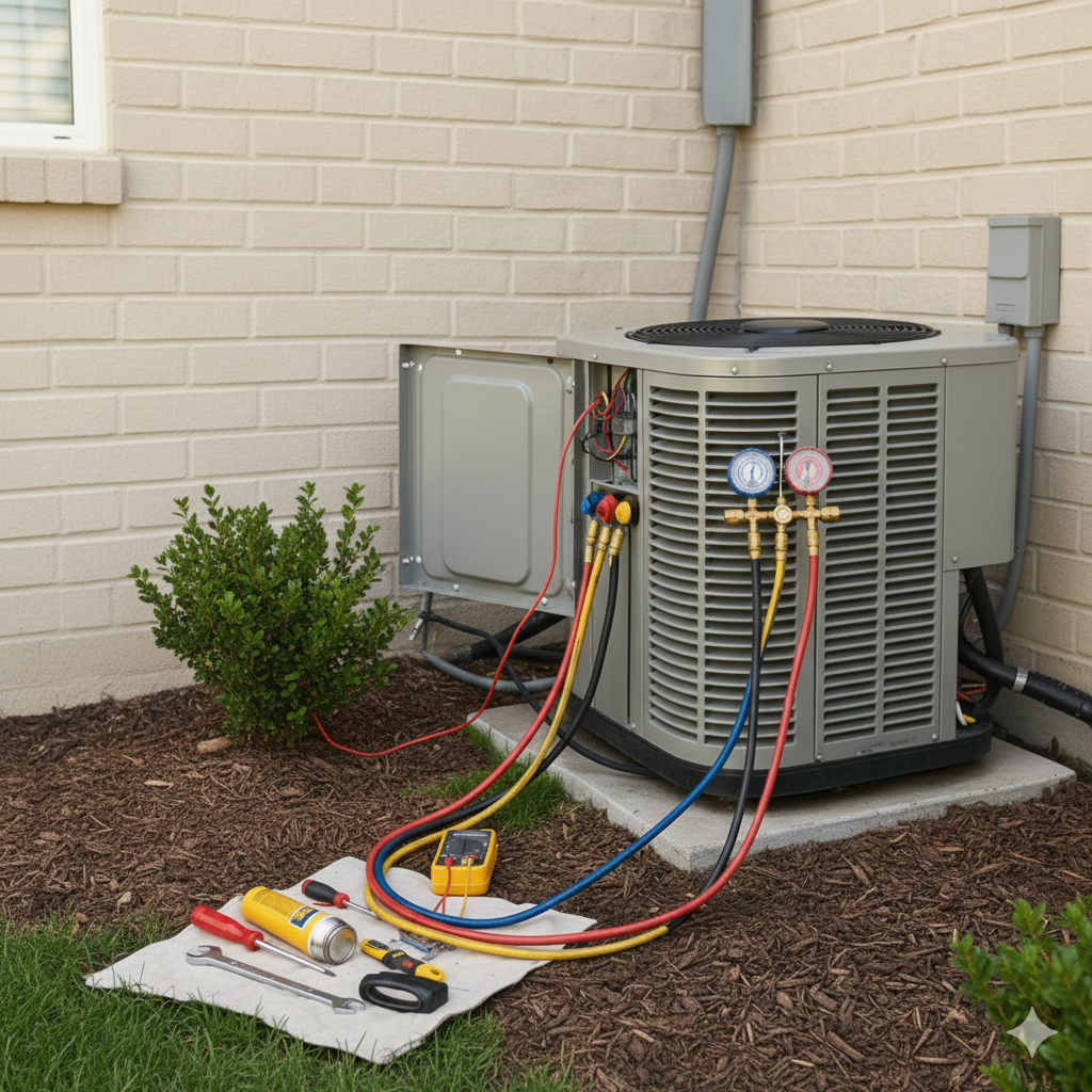 HVAC unit being serviced outdoors, with gauges attached and tools on the ground.