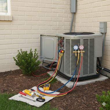 HVAC unit being serviced outdoors, with gauges attached and tools on the ground.