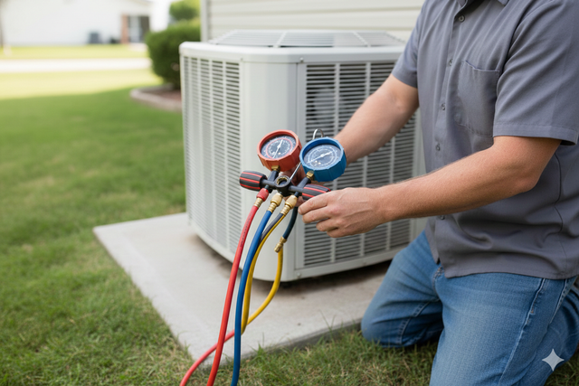 Man kneeling, connecting gauges to an AC unit outside. Red, blue, and yellow hoses.