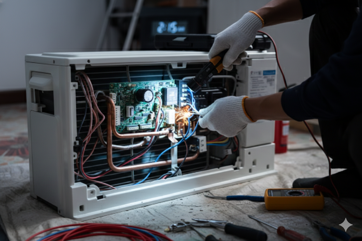 Person wearing gloves repairs an air conditioner with tools and wires.