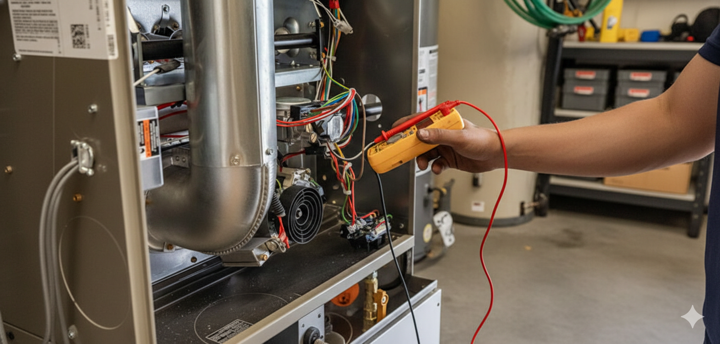 A person uses a multimeter to test electrical components inside a furnace.
