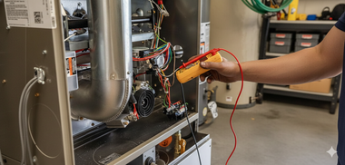 A person uses a multimeter to test electrical components inside a furnace.