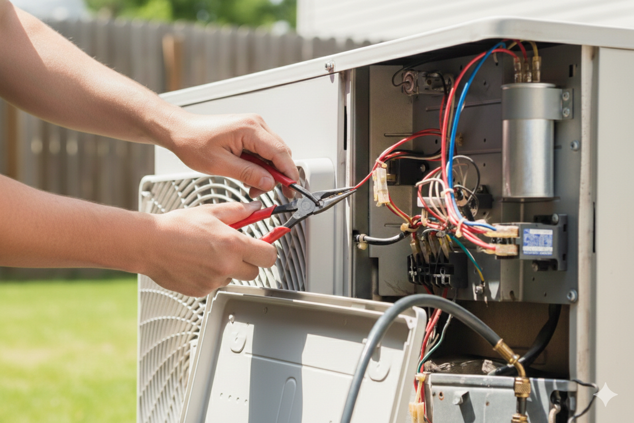 Person using pliers to work on the electrical components of an outdoor air conditioning unit.