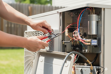 Person using pliers to work on the electrical components of an outdoor air conditioning unit.