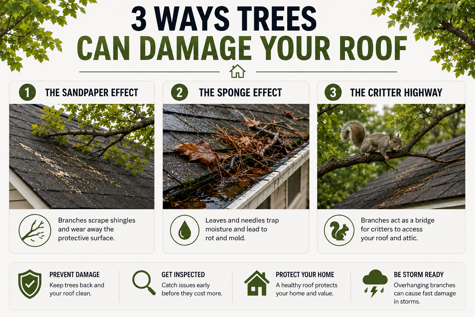 Infographic showing how overhanging trees can damage roofs through branch scraping, trapped moisture, and animal access.