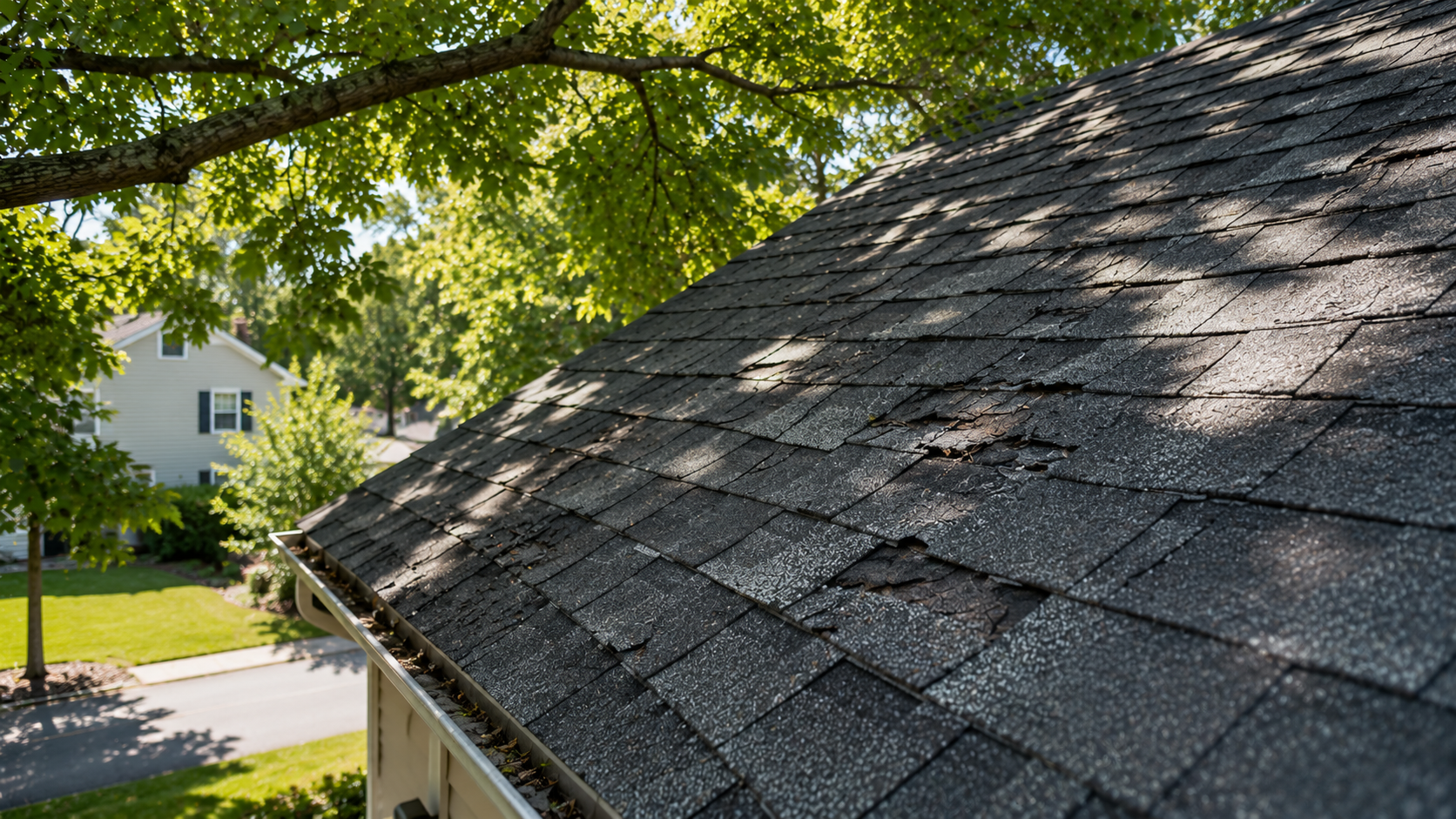Professional roofing inspection near overhanging trees checking for roof damage and worn shingles on a Massachusetts home.