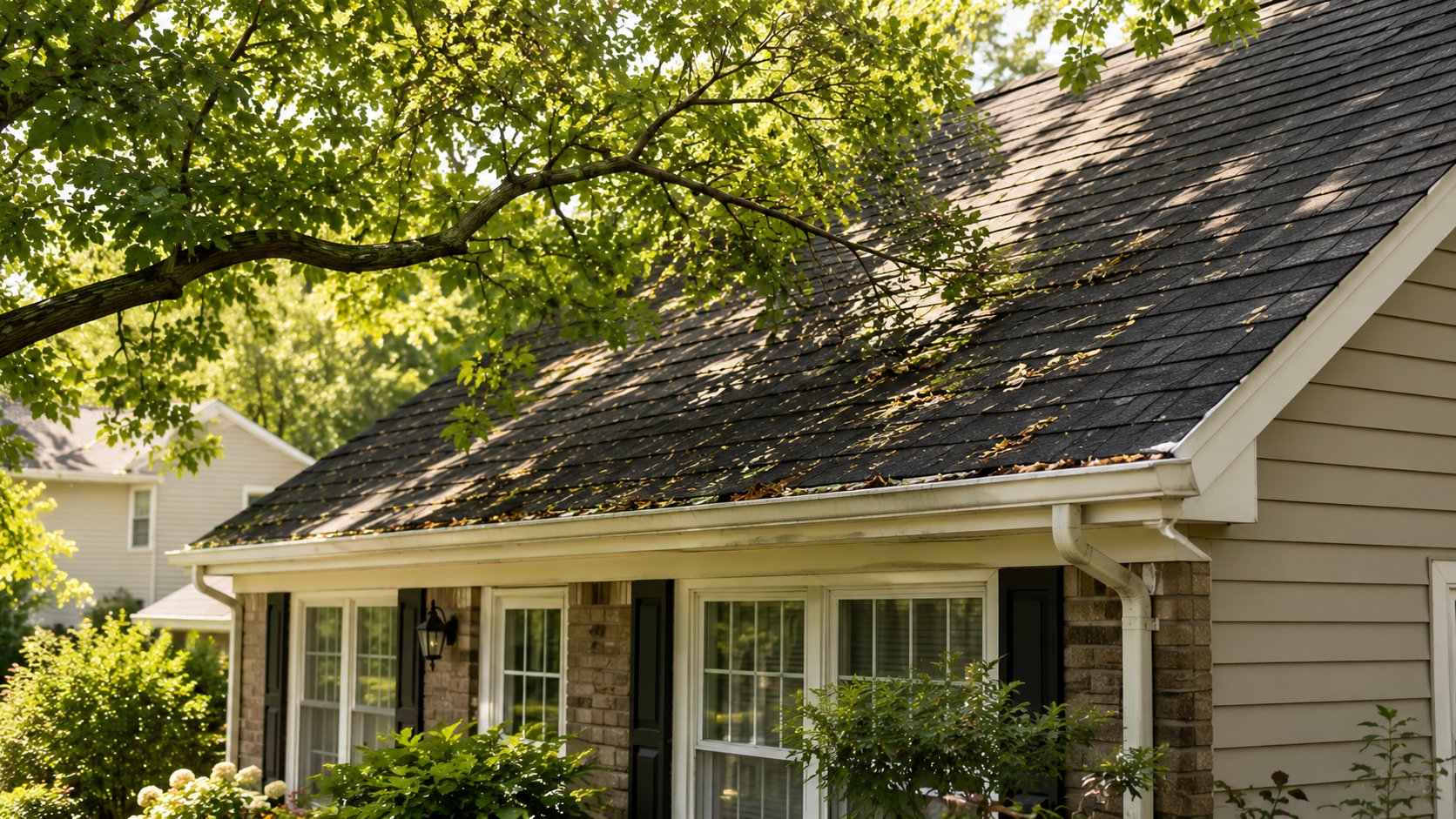 Professional roofing inspection near overhanging trees checking for roof damage and worn shingles