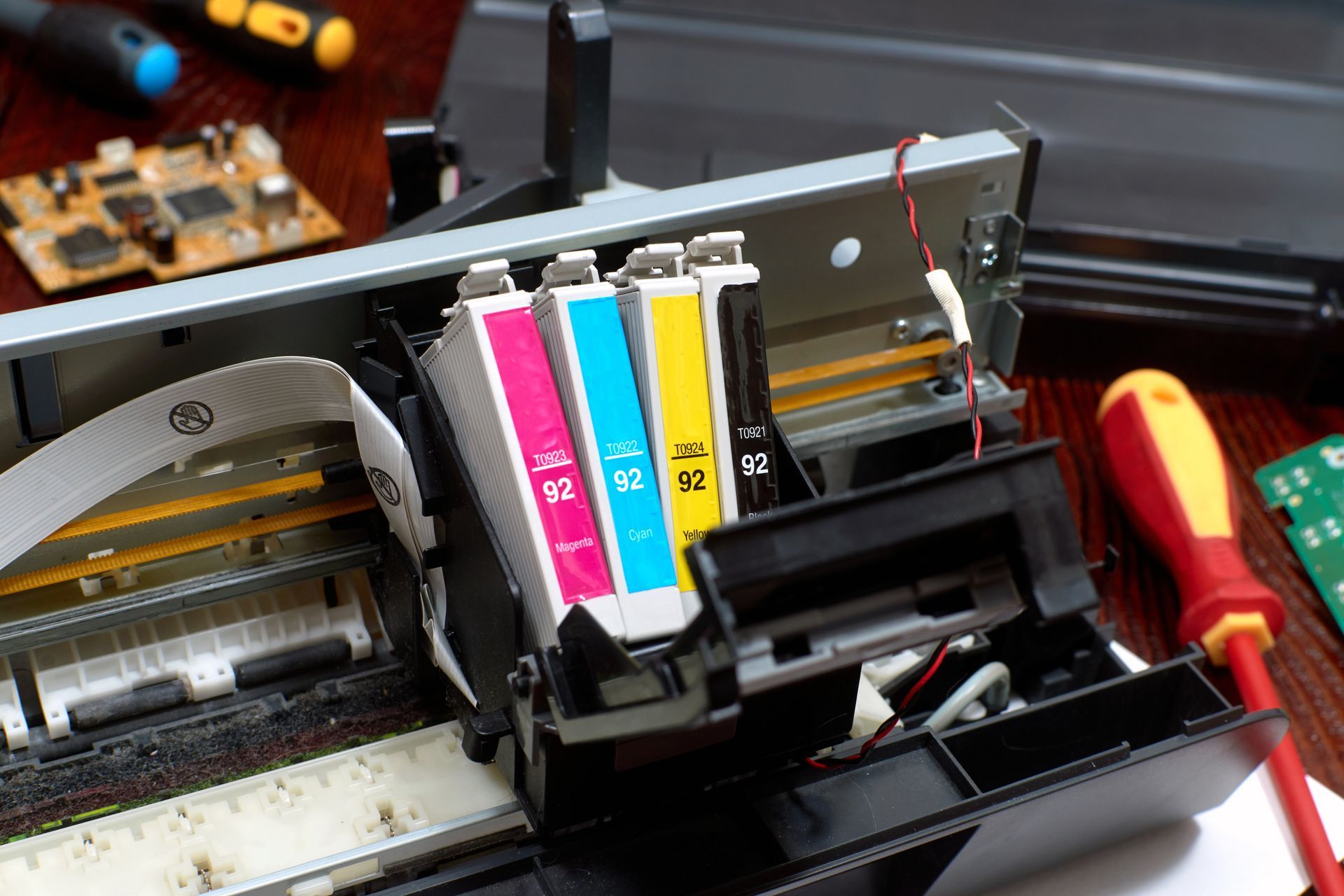 Close-up of a Disassembled Printer With Visible Ink Cartridge — Tech Aid In Moffat Beach, QLD