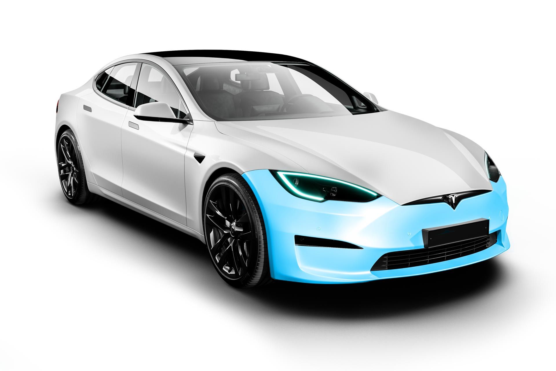 A white tesla model s with a blue bumper on a white background.