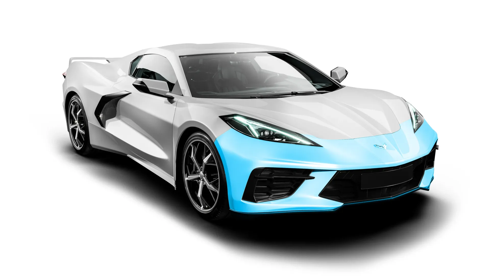 A white corvette with a blue stripe on the front is on a white background.