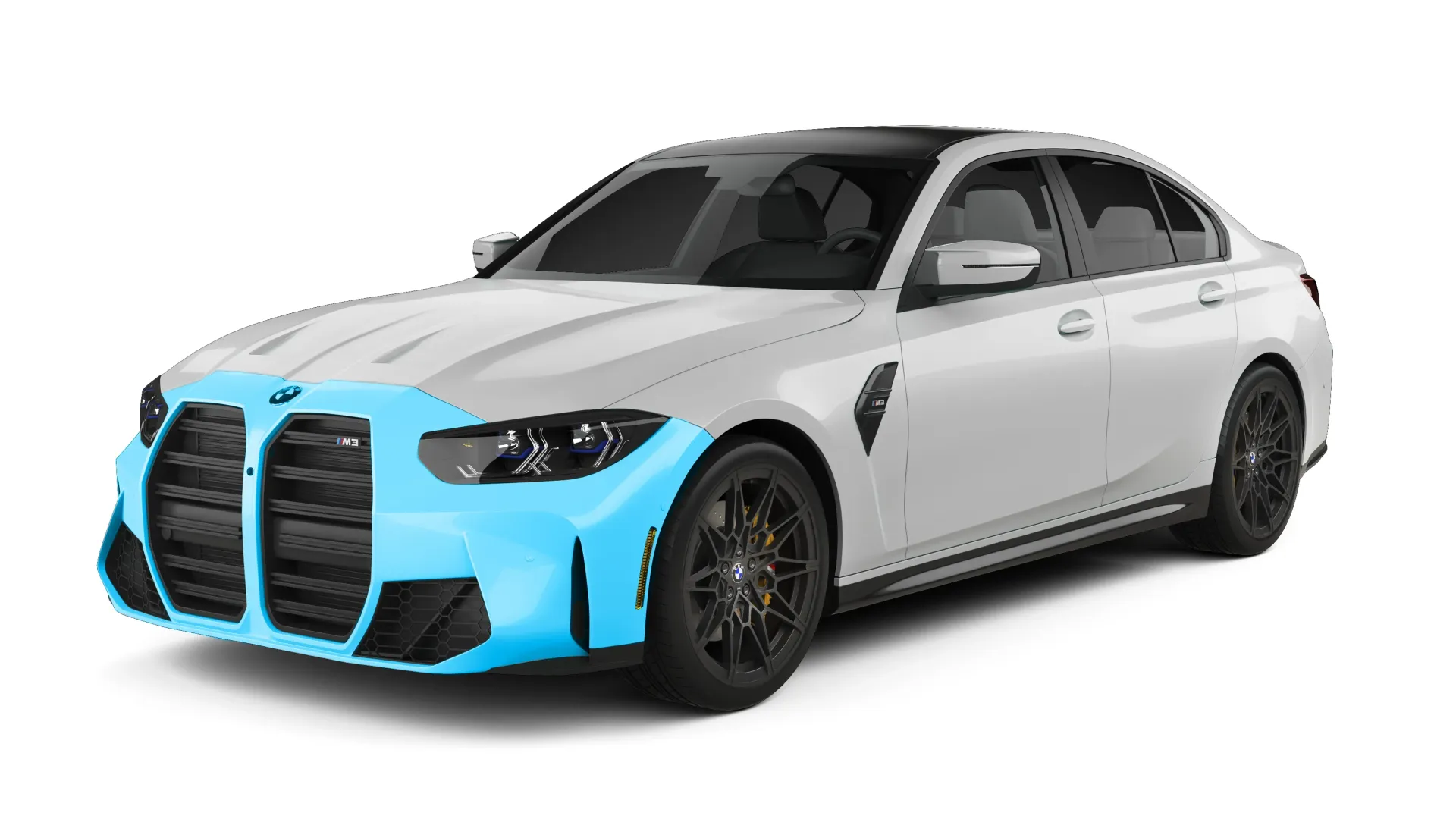 A white bmw m3 with a blue bumper on a white background.