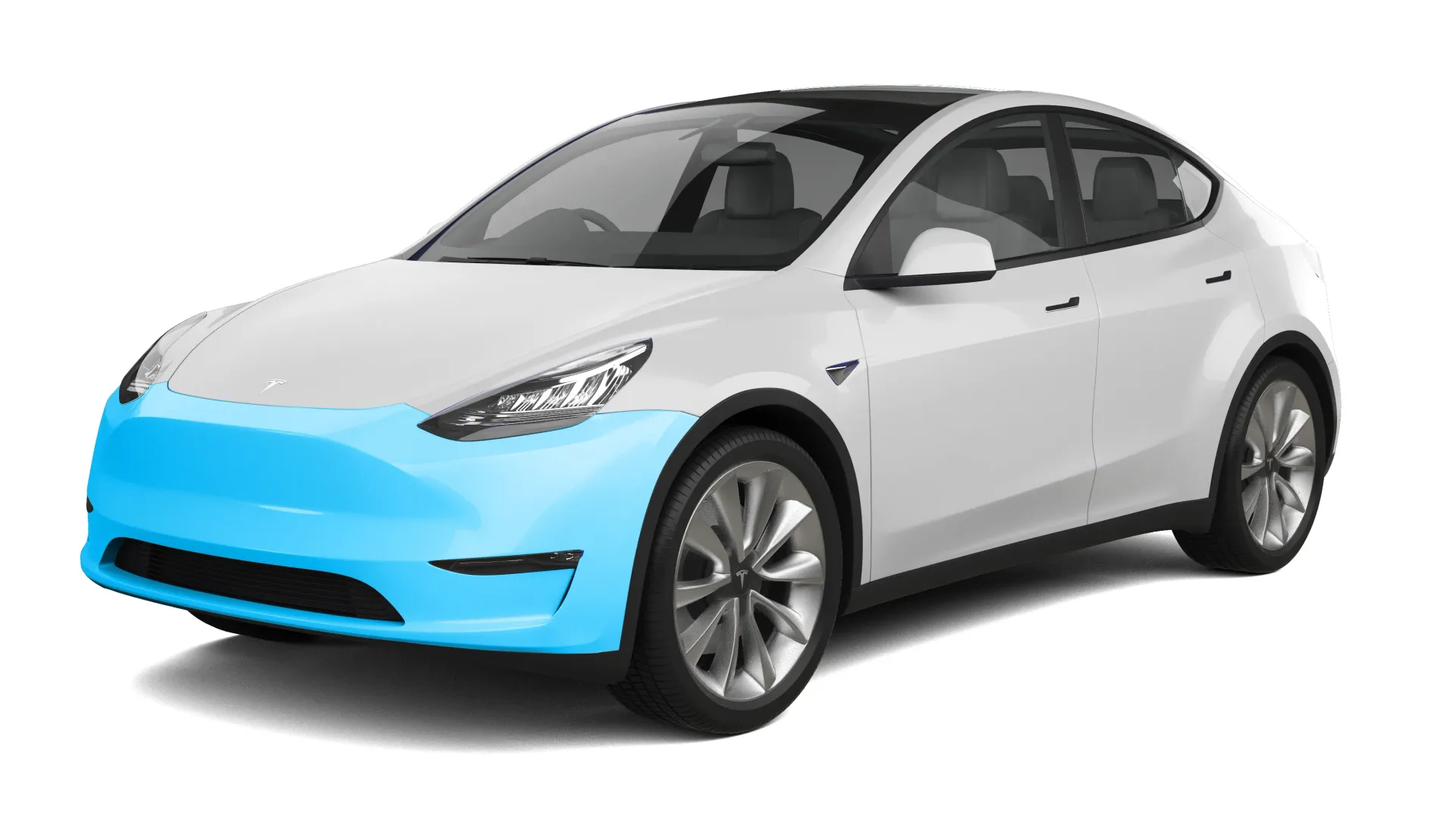 A white tesla model y with a blue bumper on a white background.