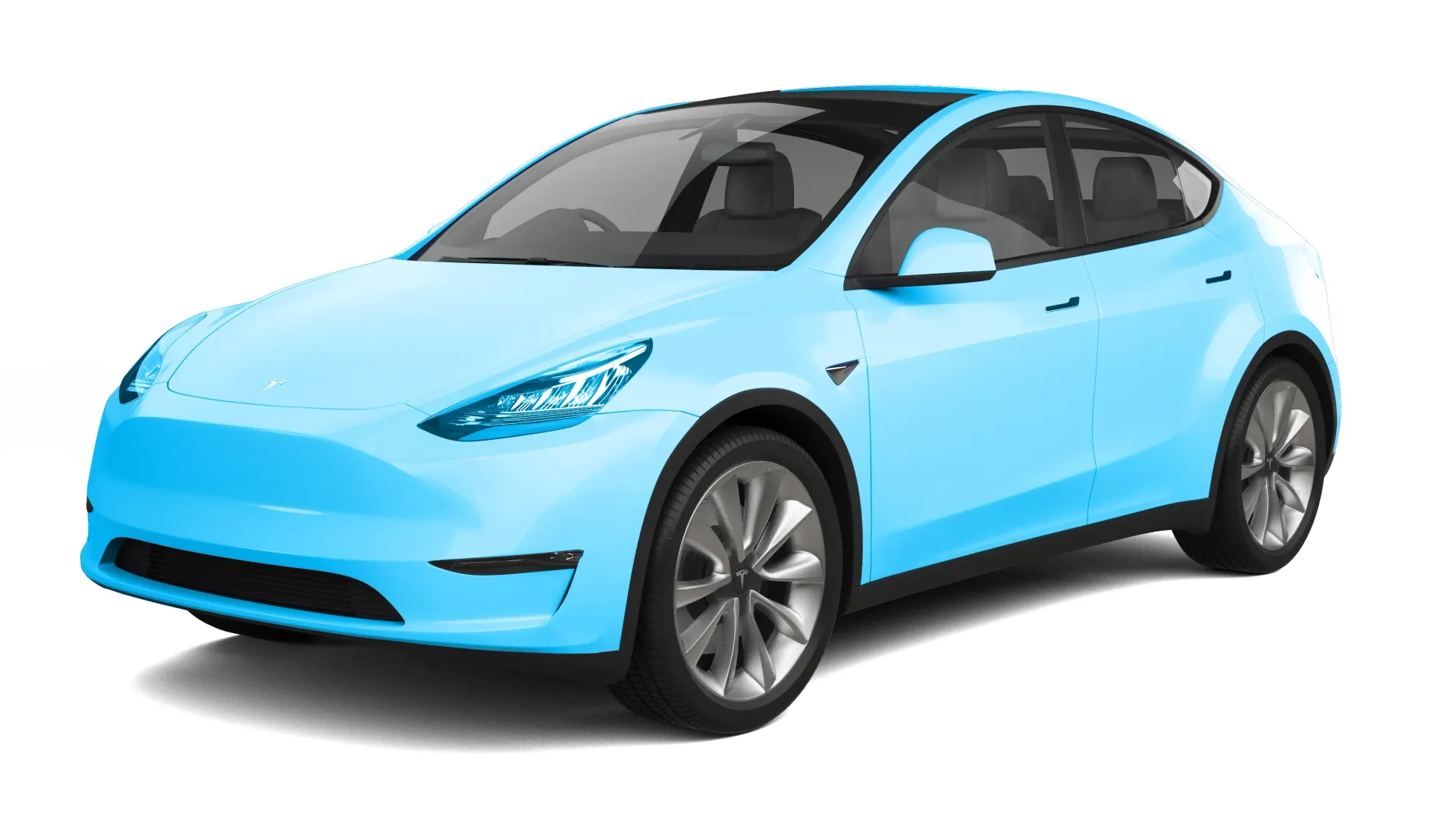 A blue tesla model y is shown on a white background.