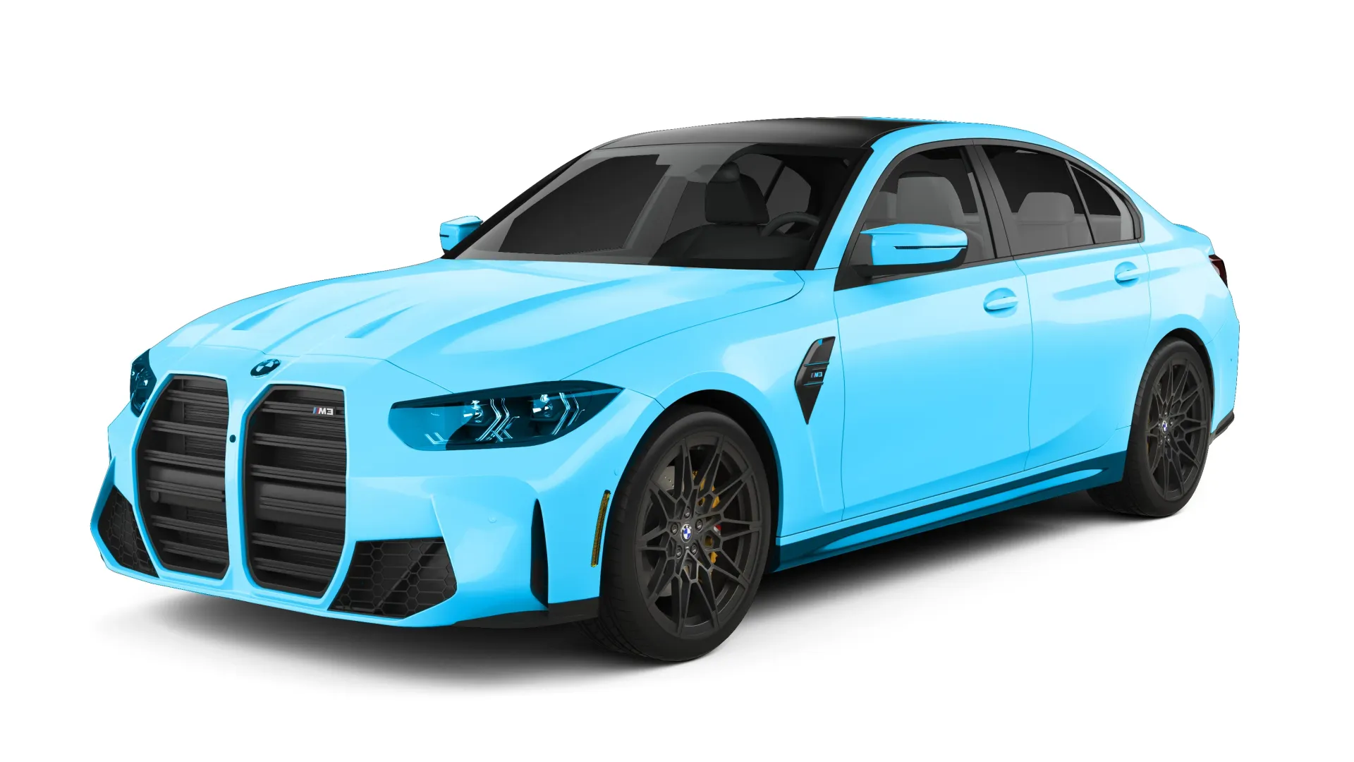 A blue car with black wheels is on a white background.