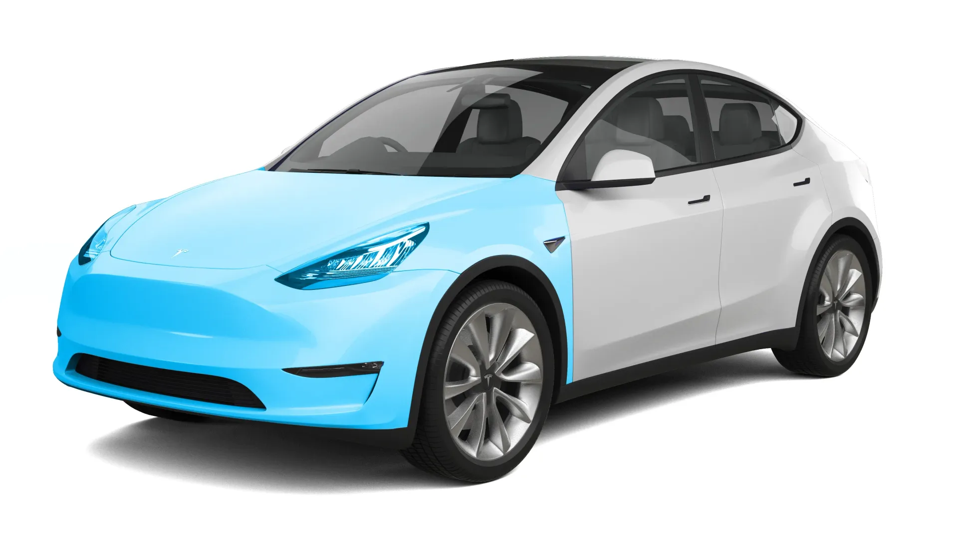 A white tesla model y with a blue front bumper.