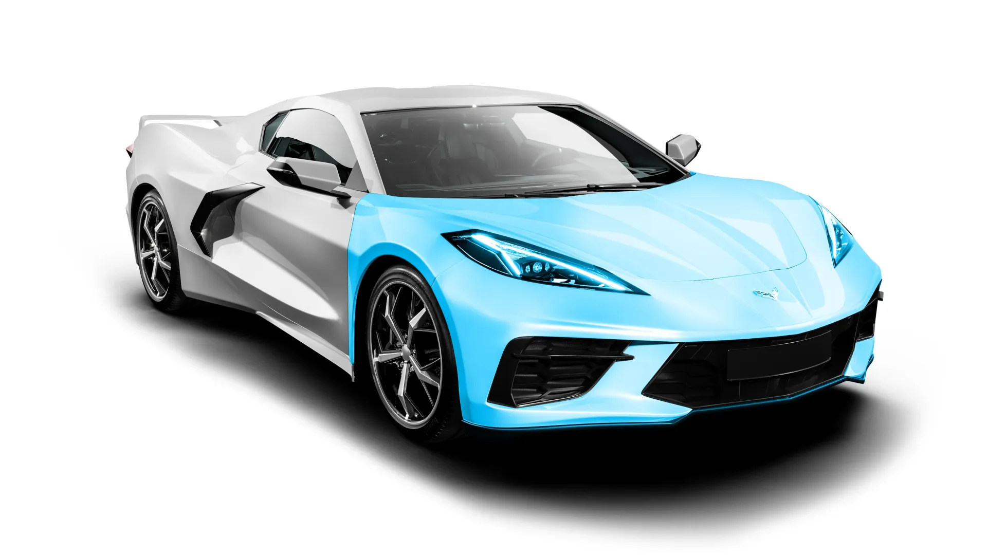 A white and blue sports car on a white background.