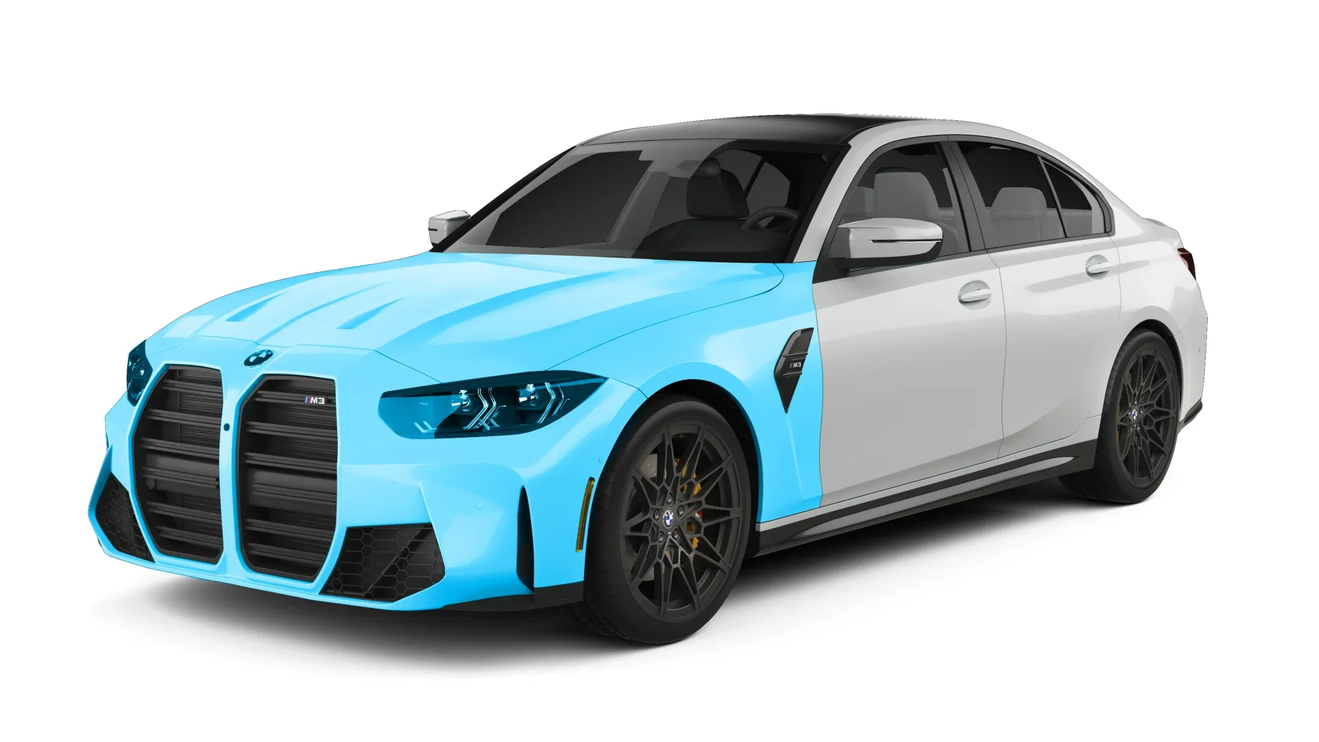 A white car with a blue hood and bumper on a white background.
