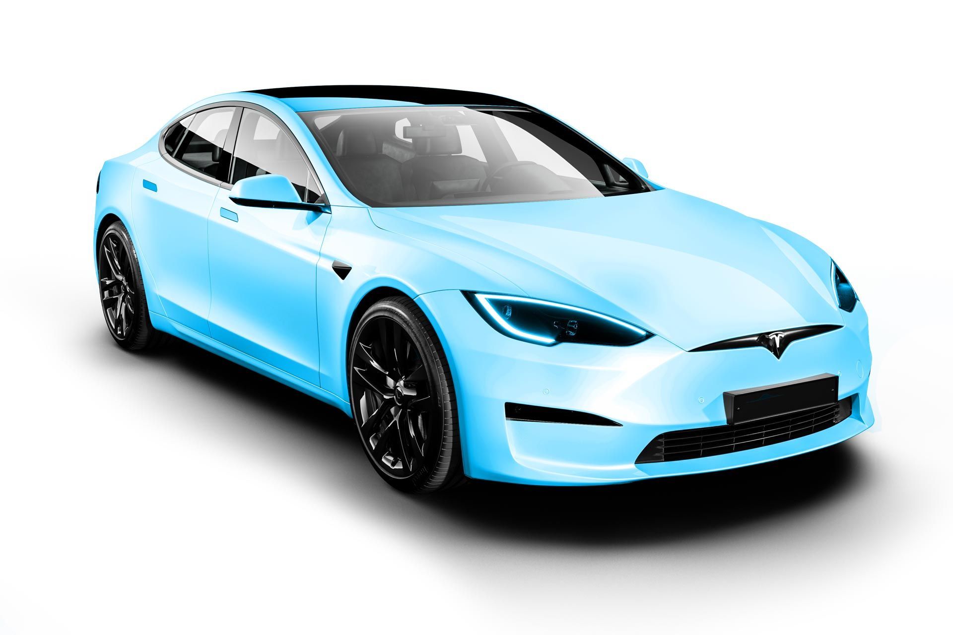 A blue tesla model s is shown on a white background.