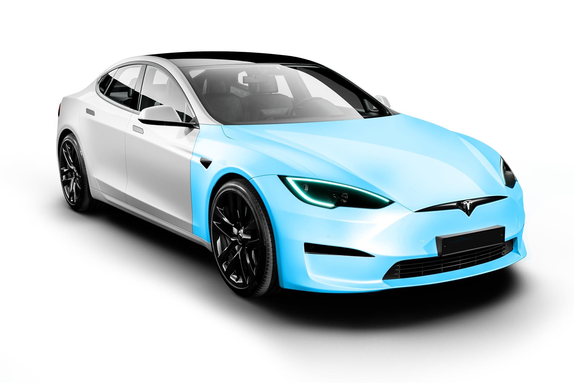 A white tesla model s with a blue paint job on it.