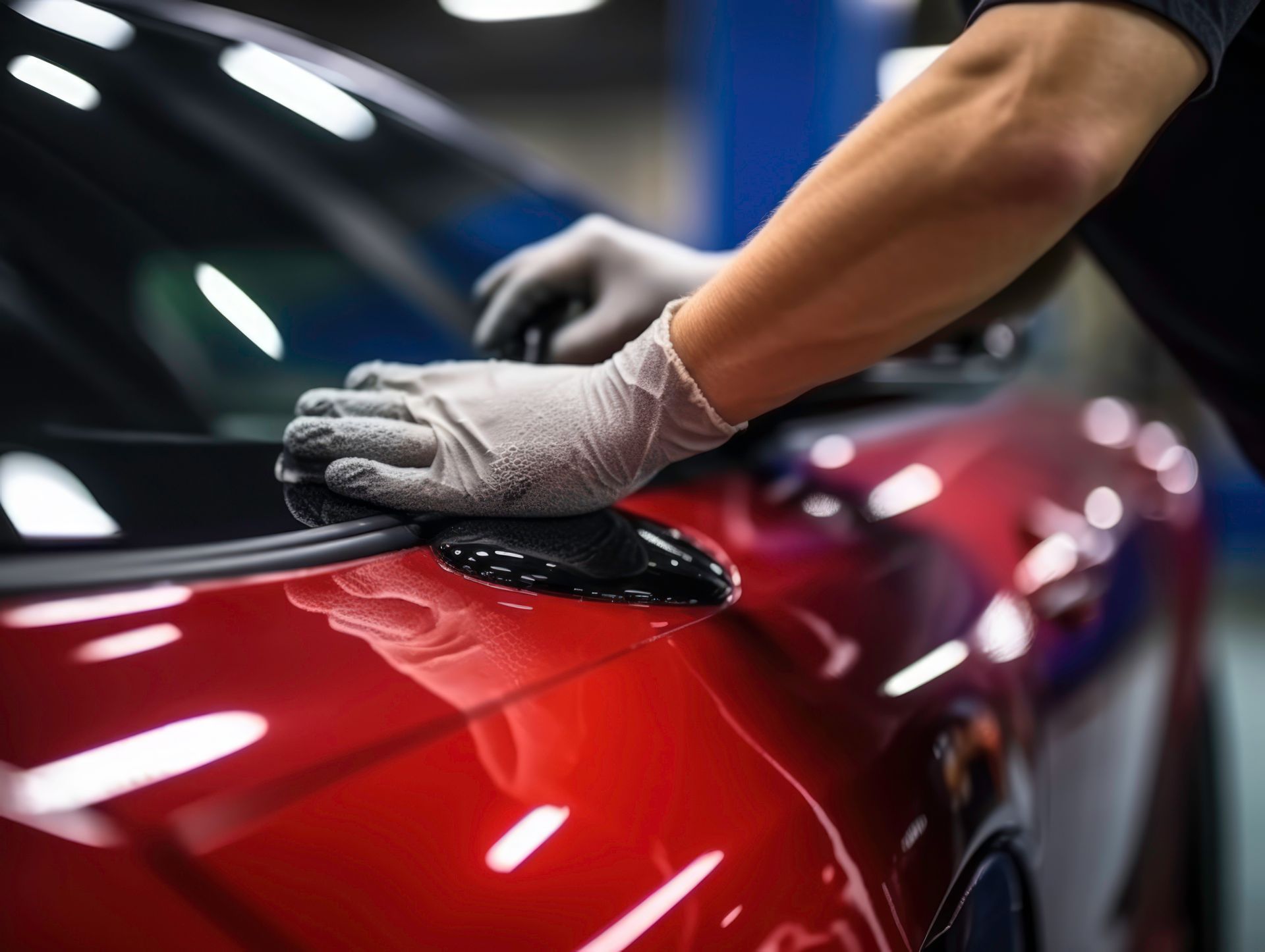 A person is polishing a red car with gloves.