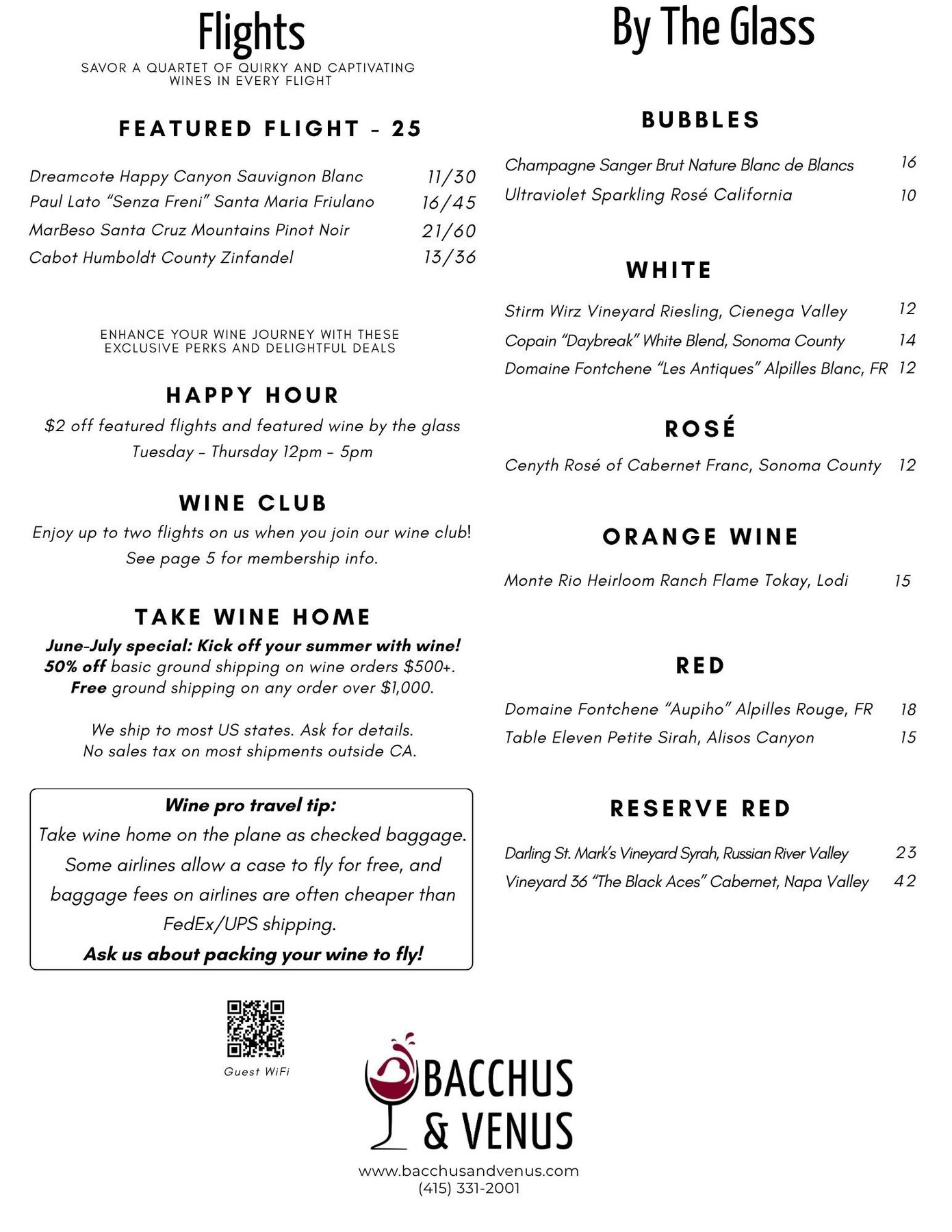 A menu for a restaurant called bacchus & venus