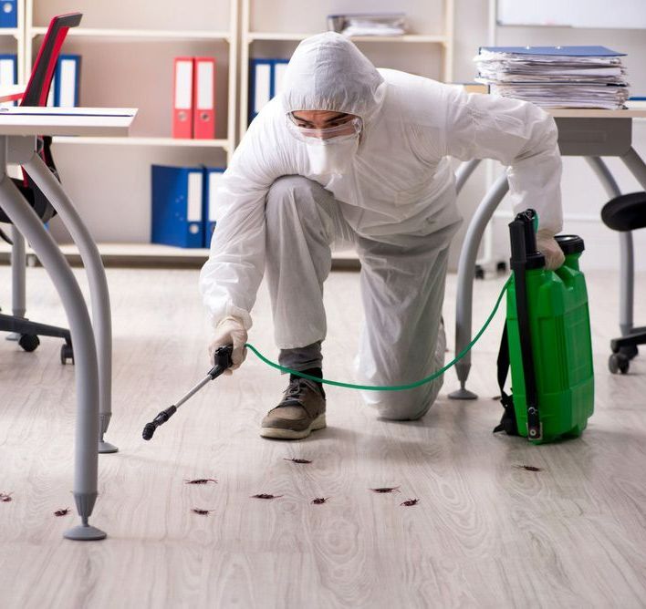 A Man In A Protective Suit Is Spraying Insecticide On The Floor — ASAP Pest Control in Wacol, QLD