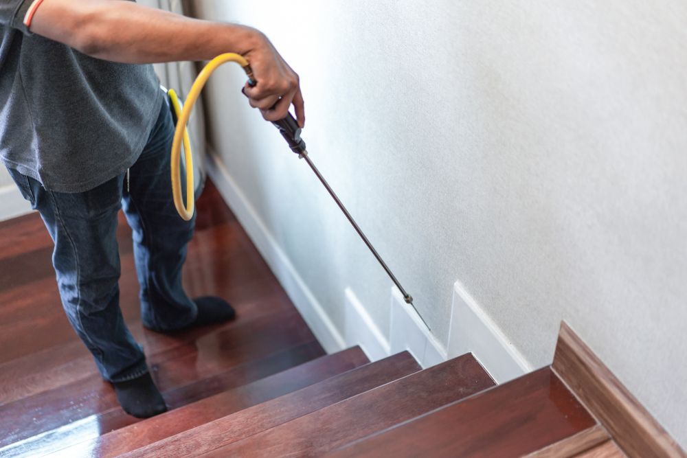 A Man Is Spraying A Staircase With A Hose — ASAP Pest Control In Molendinar, QLD