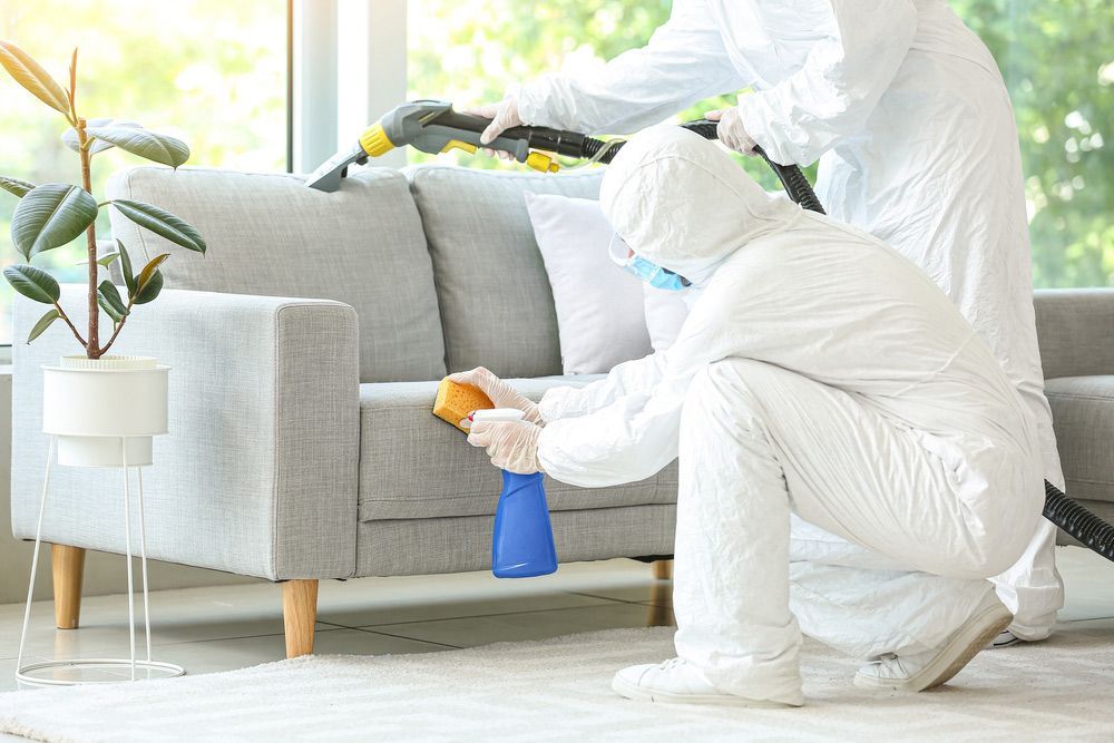 Two Men In White Suits Are Cleaning A Couch In A Living Room — ASAP Pest Control in Kuraby, QLD