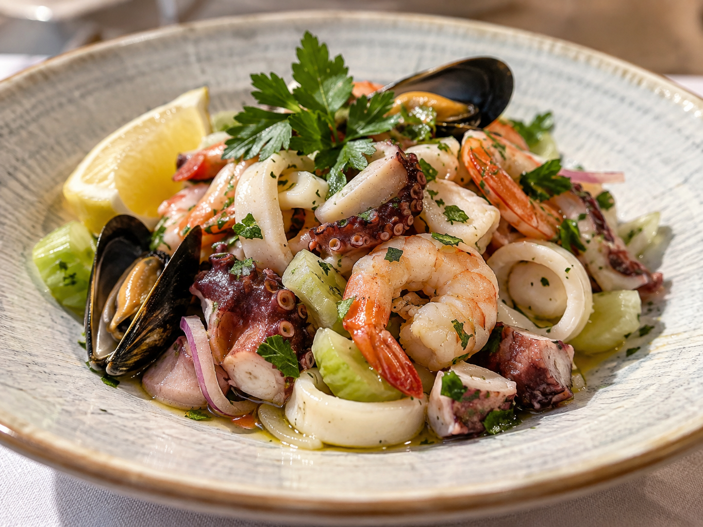 Insalata di mare con gamberi, cozze, anelli di calamari e spicchi di limone su un piatto di ceramica.