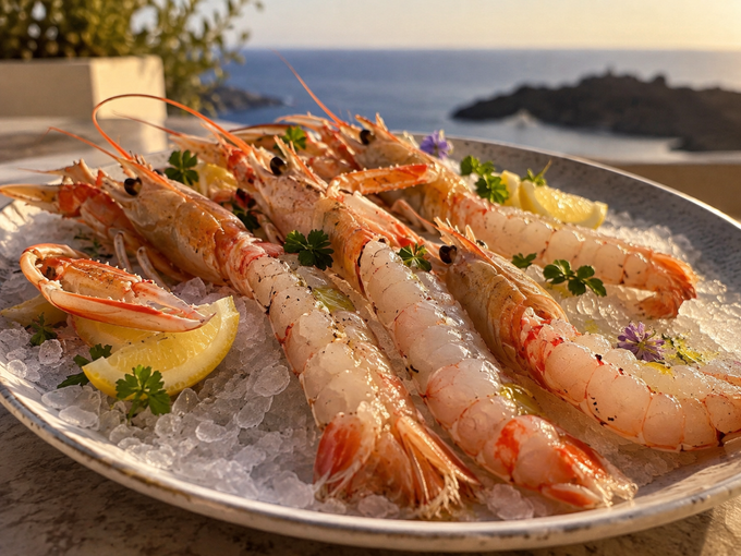 Gamberi grigliati guarniti con spicchi di limone ed erbe aromatiche, serviti su un tavolo in riva al mare.