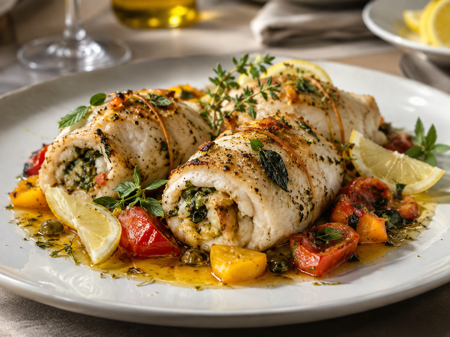 Pesce grigliato servito su un piatto bianco con spicchi di limone, erbe aromatiche e verdure arrostite.