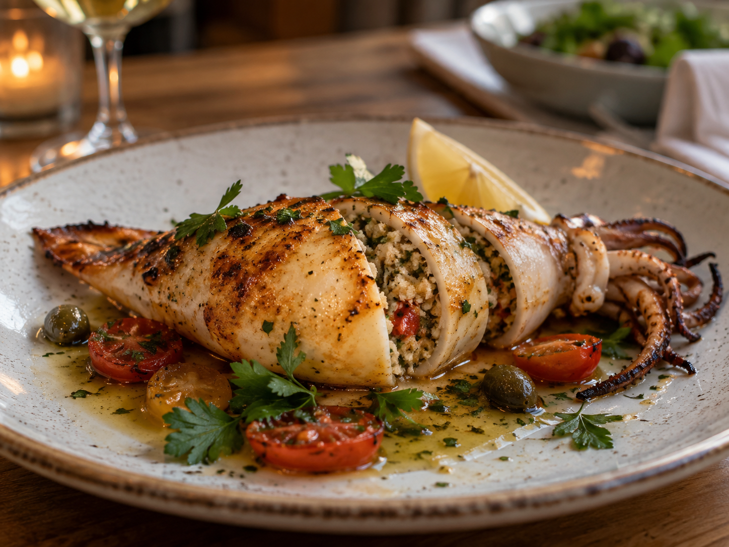 Calamari ripieni grigliati su un piatto con limone, erbe aromatiche e pomodorini, in un ambiente da ristorante.